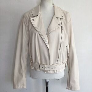AND NOW THIS WOMEN STYLISH CREAM FAUX LEATHER COLLARED ZIPPER MOTO JACKET SZ L